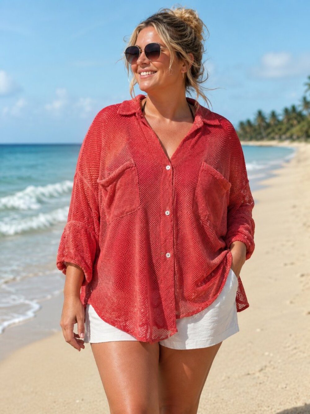 J. NNA+ 3/4 Sleeve Collared Button-Up Open Knit Orange Blouse w/Pockets 1X